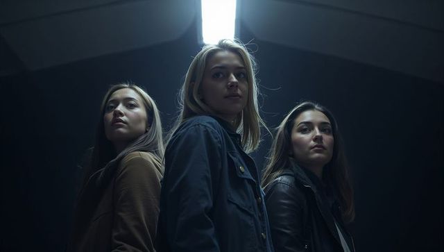 Three women standing under skylight with moody cinematic lighting and low-angle composition