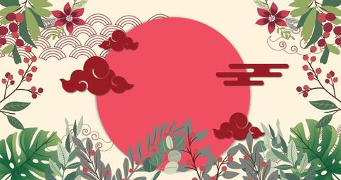 Traditional Chinese Floral Design with Red Circle Centerpiece