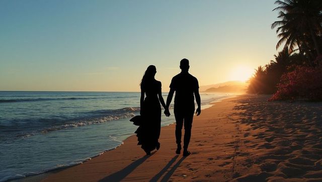 Couple Walking Hand in Hand on Scenic Sunset Beach