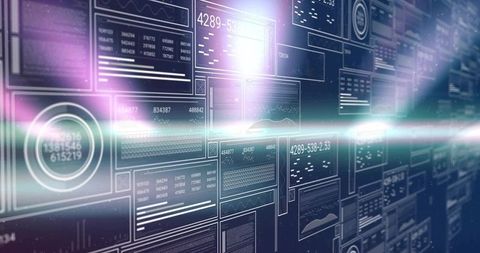 Holographic Data Dashboard Wall Extending Forward with Analytics Charts and Light Flares