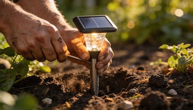 Installing Solar Garden Stake Light into Soil at Golden Hour Hands Gardening Closeup