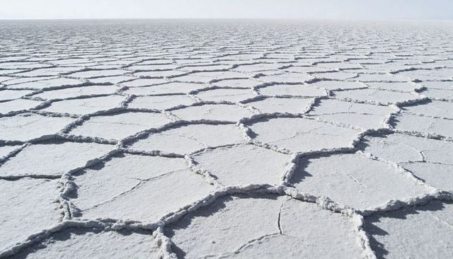 Endless salt pan stretching into horizon revealing polygonal crust plates and raised ridges