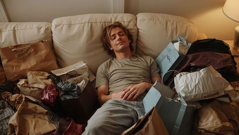 Young man relaxing on sofa amid shopping bags and gift boxes at home