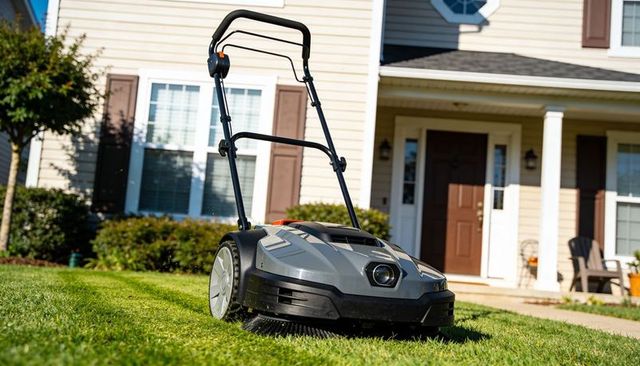 Cordless robotic mower on sunlit suburban lawn near front porch, modern lawncare technology
