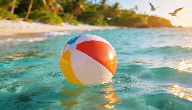 Colorful inflatable beach ball floating on turquoise water near sunny tropical beach