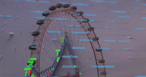 Digital Data Flows Around Iconic Ferris Wheel at Twilight