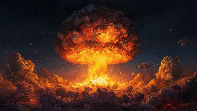 Fiery Explosion with Illuminating Mushroom Cloud at Dusk