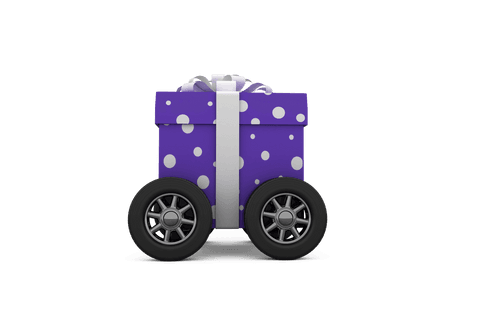 Transparent Polka Dot Gift Box on Wheels with Gray Ribbon