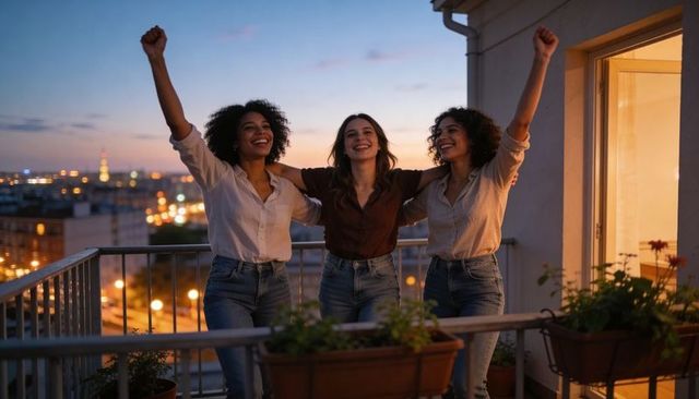 Three friends celebrating on rooftop balcony at sunset laughing and raising arms