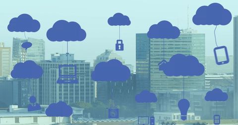 Digital clouds with technology icons like a laptop, smartphone, and lock float over a cityscape. This visual represents cloud computing, digital data storage, and network technology. Useful for illustrating tech concepts in marketing material, presentations on cloud solutions, or articles about the future of urban technology.