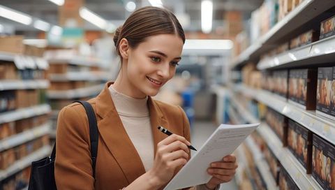Young professional woman checking shopping list and comparing prices in supermarket aisle