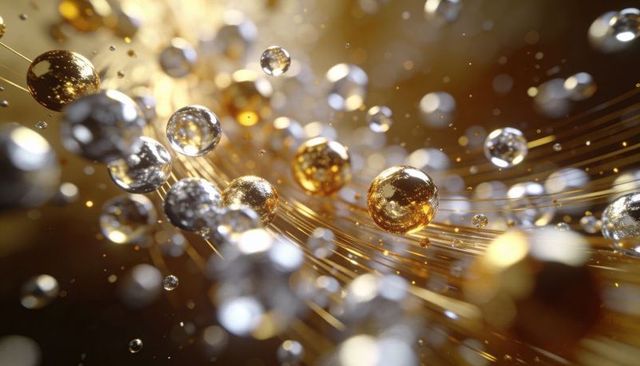 Glowing gold and silver floating spheres with light trails and shallow bokeh