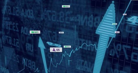 Financial data visualization with rising arrows and digital charts