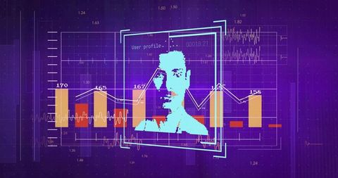 Cyan pixel avatar framed on neon analytics dashboard displaying bar charts and data trends