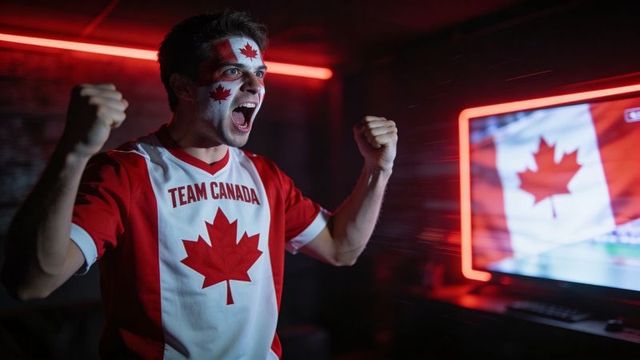 Intense canadian sports fan cheering in team canada jersey with face paint and neon tv