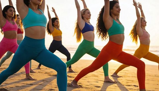 Women practicing sunrise beach yoga in colorful activewear performing warrior lunges