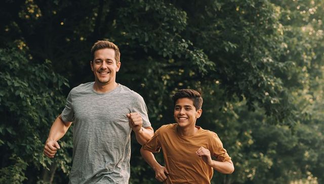 Active father and son running together on tree-lined trail smiling, bonding, healthy life