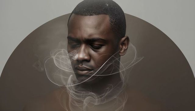 Contemplating man with ethereal smoke halo, moody surreal portrait with vapor aura