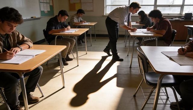 Teacher leaning over monitoring students taking exam under dramatic sunlit window shadows