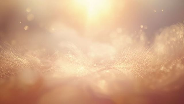 Sunlit plush fibers with sparkling dew macro bokeh and warm golden glow in peach cream tones