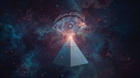 Masonic futuristic chrome pyramid with cosmic eye over nebula