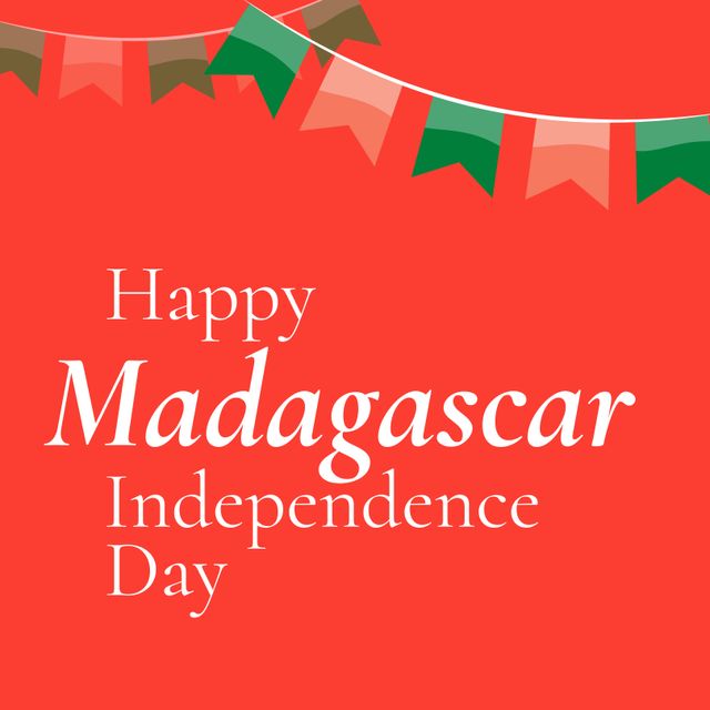 Use this image for celebrating Madagascar Independence Day. Suitable for social media posts, banners, greeting cards, and email newsletters to share warm wishes and patriotic sentiments centering around the Malagasy community. The vibrant red background and bunting add an element of joy and festivity to the occasion.