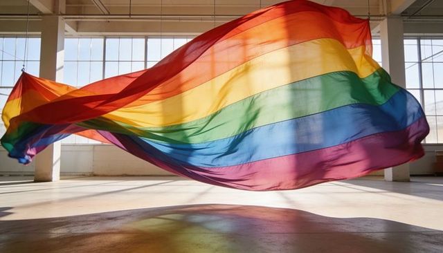 Billowing rainbow sheer fabric backlit in bright industrial loft reflecting on polished floor