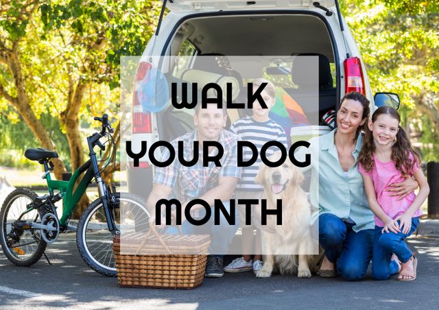 Digital composite image of walk your dog month text family with pet in front of car. lifestyle and awareness.
