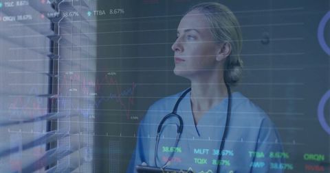 Nurse analyzing healthcare data on digital tablet with data and window overlays