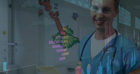 Smiling pediatric doctor in blue scrubs reviewing healthcare data and clinic charts