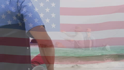 Patriotic Reflection on Beach with Fishing Activity Overlay