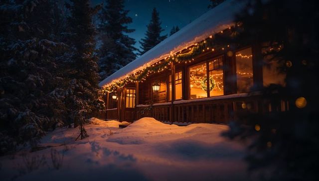 Glowing winter cabin in snowy forest night with warm christmas lights, wreath, lantern