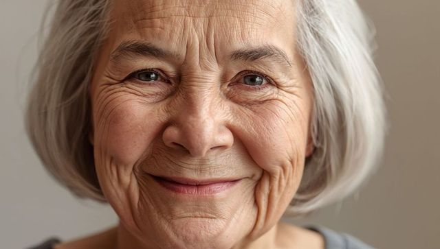 Smiling senior woman with gray bob closeup portrait showing wrinkles, warm gaze
