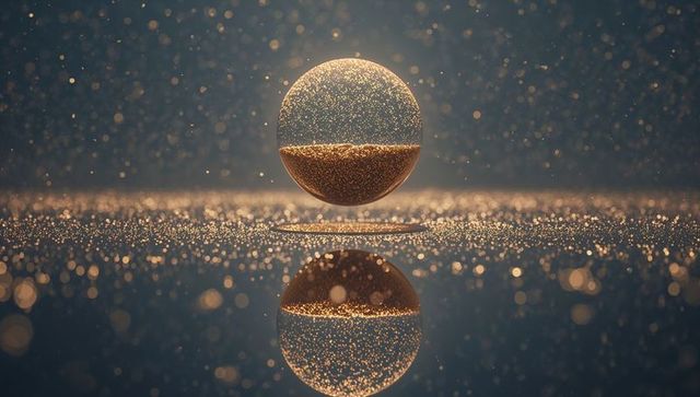 Floating glass orb filled with golden particles levitating above reflective surface