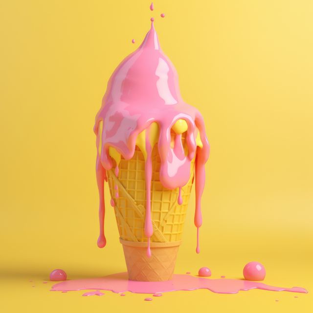 Pink and yellow ice cream in cone on yellow background, created using generative ai technology. Dessert, flavour, colours and food concept digitally generated image.