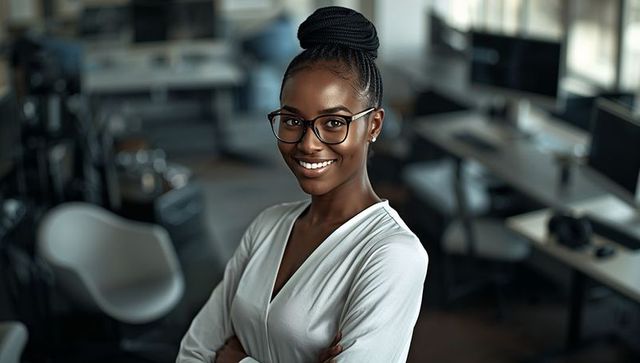 Confident professional woman wearing glasses standing arms crossed in open-plan office