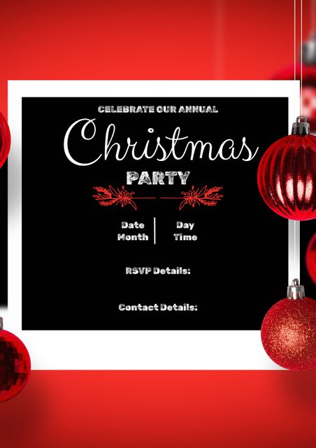 Blank Christmas party invitation template featuring space for event details against a festive red background with baubles. Ideal for holiday celebrations, corporate holiday parties, or family gatherings. Easy to customize with specifics like date, month, day, time, RSVP, and contact details.