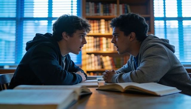 Two male students arguing at library study table with open textbooks and hoodies