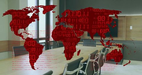 Digital world map with binary code overlaying boardroom