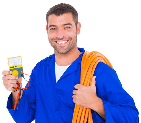 happy electrician holding multimeter and cable wearing blue uniform transparent background - Download Free Stock Videos Pikwizard.com