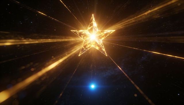 Radiant faceted golden star emitting long light rays across cosmic void