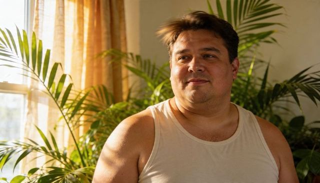Man basking in warm sunroom light with lush indoor plants and sheer beige curtains, relaxed