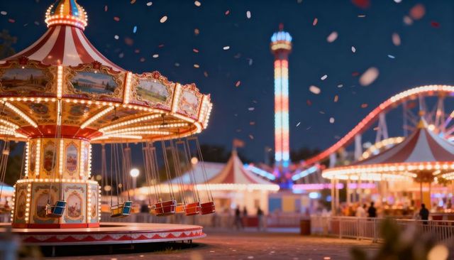 Spinning vintage swing carousel glowing with bulbs at night carnival