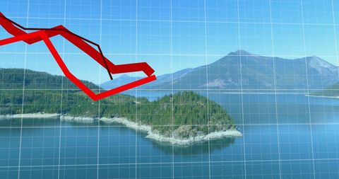 Red graph line overlay on scenic seascape indicates market trends