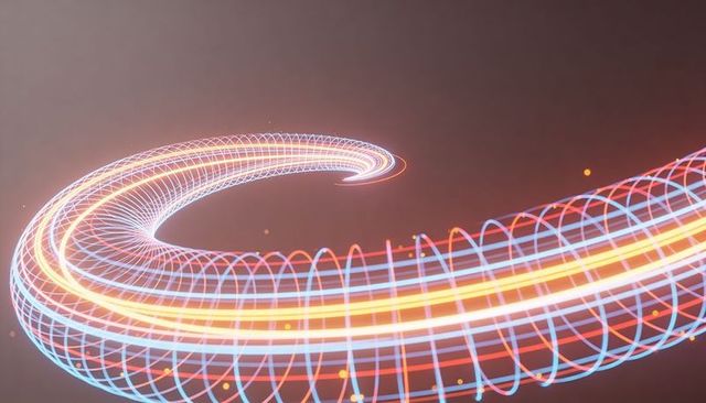 Glowing neon spiral visualizing data flow, ai network motion, futuristic technology energy