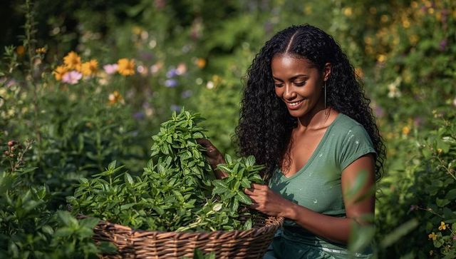 Smiling woman harvesting fresh herbs into wicker basket in sunlit cottage garden