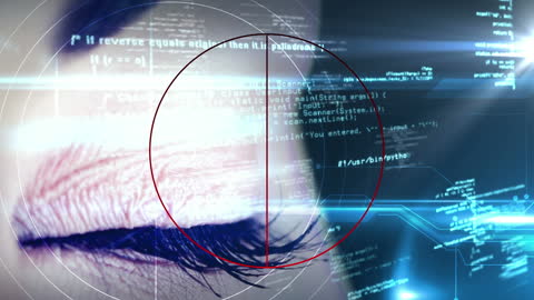 Cyber Security Concept with Close-Up of Eye and Digital Code