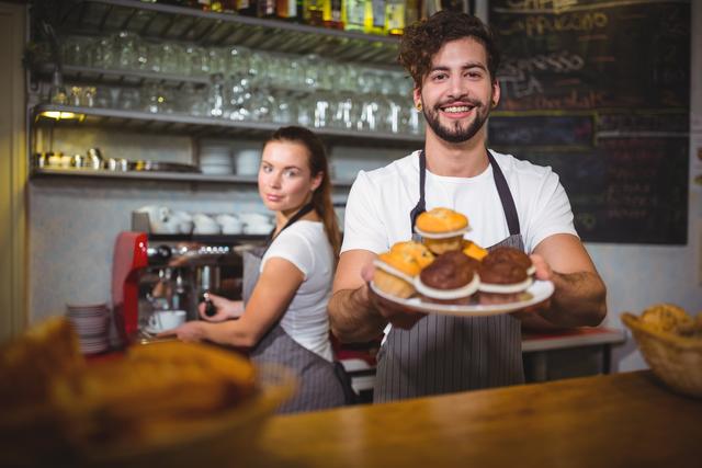 Smiling waiter holding a plate of assorted cupcakes at the counter in a cozy cafe. Female barista working in the background, preparing coffee. Ideal for use in advertisements for cafes, bakeries, or coffee shops, as well as promotional materials for hospitality and customer service training.