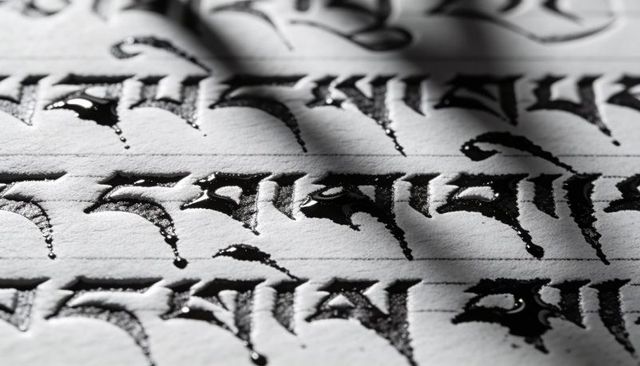 Glossy black ink calligraphy with dripping droplets on lined paper macro texture