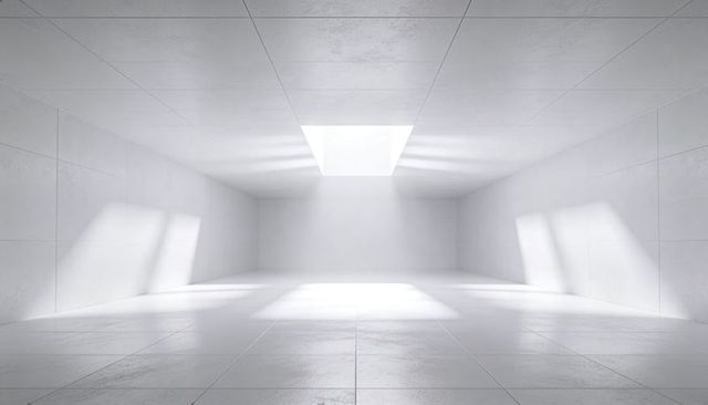 Minimalist White Interior with Skylight Casting Rectangular Light Beams and Soft Shadows